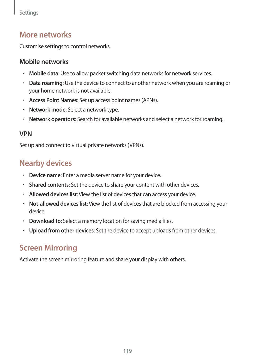 Samsung SM-P6050ZWANEE, SM-P6050ZKAITV, SM-P6050ZKEDBT More networks, Nearby devices, Screen Mirroring, Mobile networks 