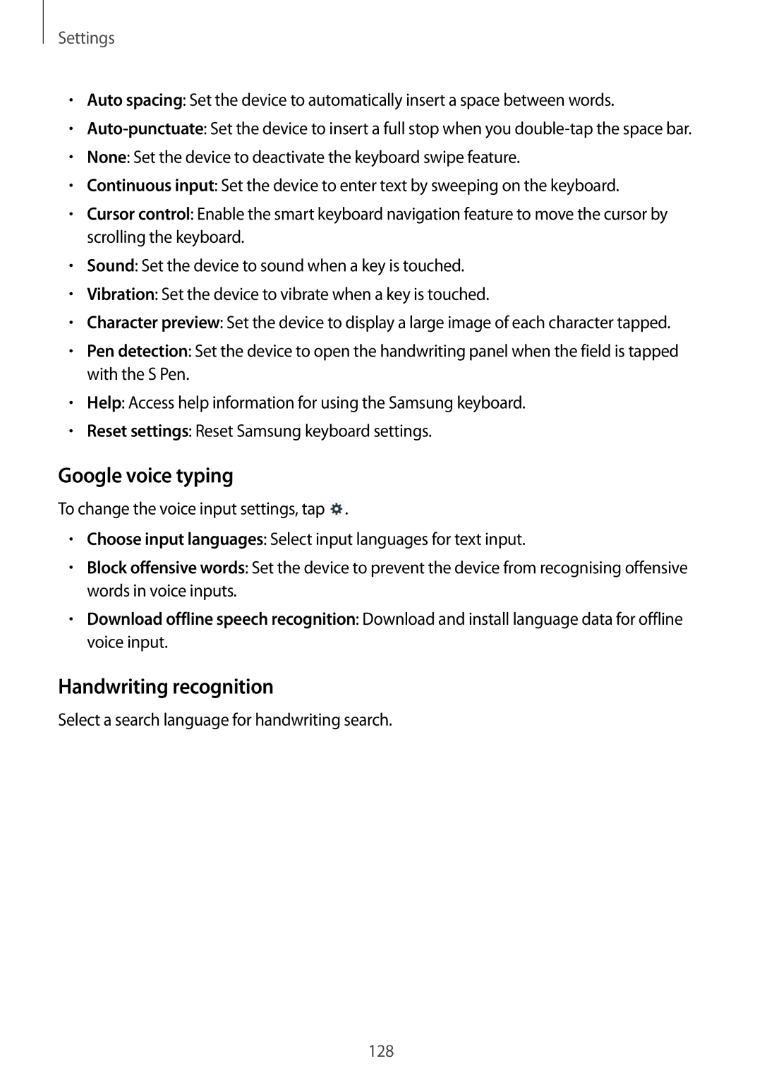 Samsung SM-P6050ZWEDBT manual Google voice typing, Handwriting recognition, Select a search language for handwriting search 