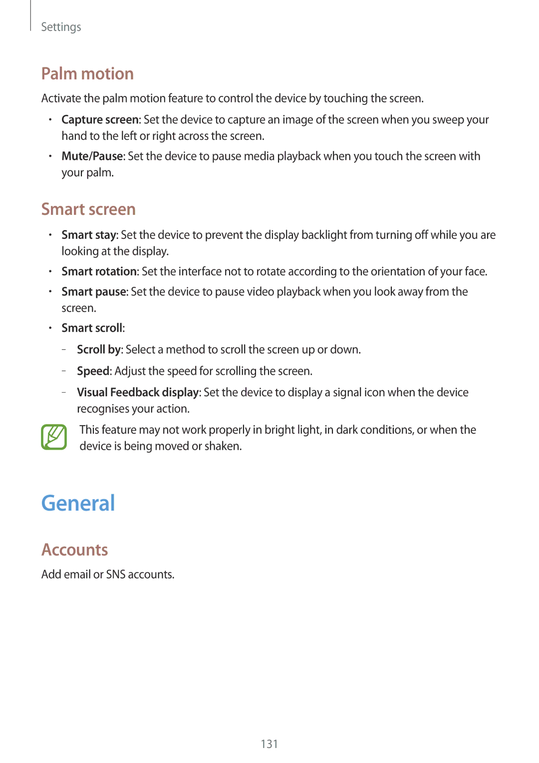 Samsung SM-P6050ZKADRE, SM-P6050ZKAITV, SM-P6050ZKEDBT manual General, Palm motion, Smart screen, Accounts, Smart scroll 
