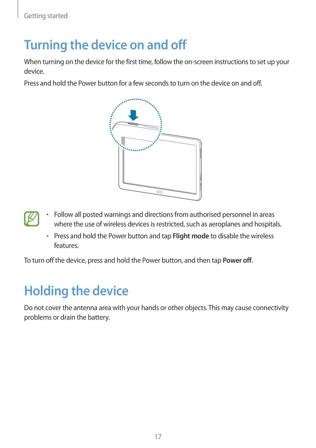 Samsung SM-P6050ZKAXEF, SM-P6050ZKAITV, SM-P6050ZKEDBT, SM-P6050ZWEDBT Turning the device on and off, Holding the device 