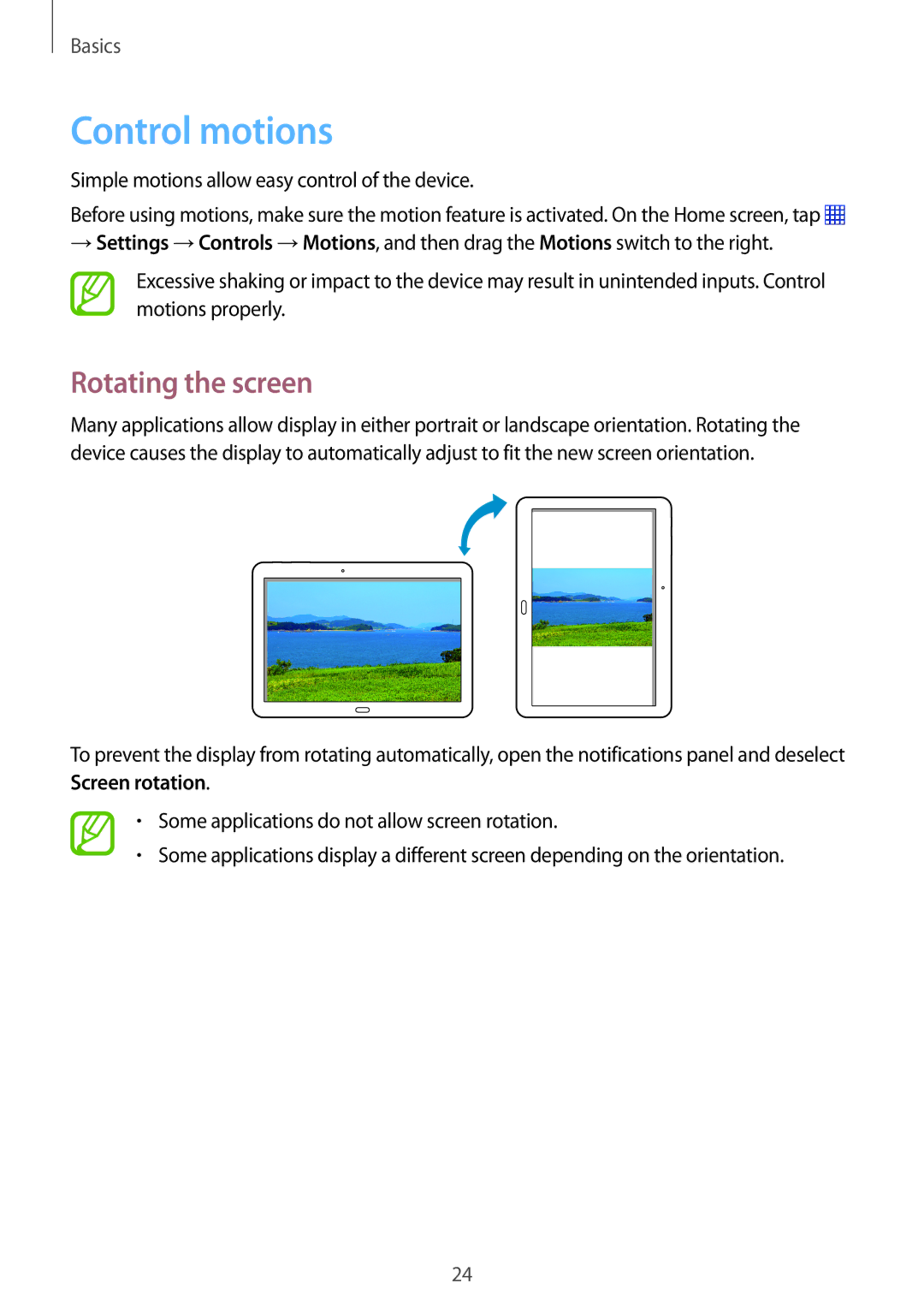 Samsung SM-P6050ZKAOMN manual Control motions, Rotating the screen, Simple motions allow easy control of the device 