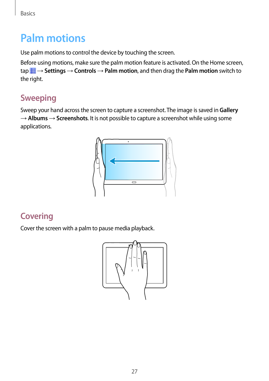 Samsung SM-P6050ZWEPHE manual Palm motions, Sweeping, Covering, Cover the screen with a palm to pause media playback 