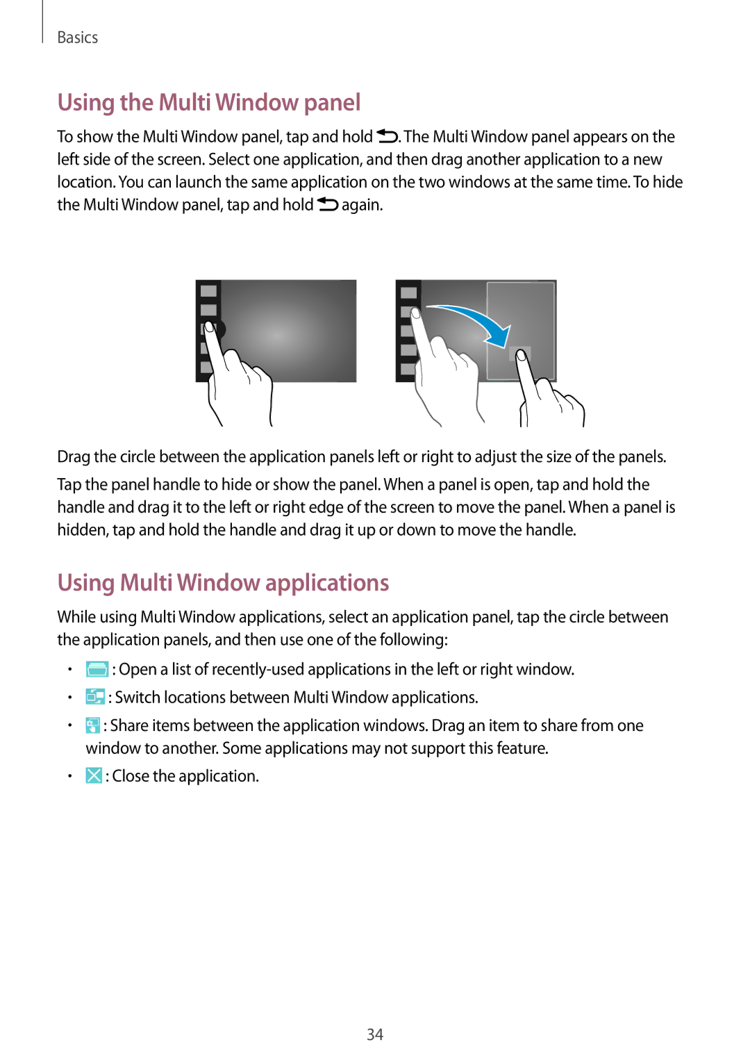 Samsung SM-P6050ZKABGL manual Using the Multi Window panel, Using Multi Window applications, Close the application 