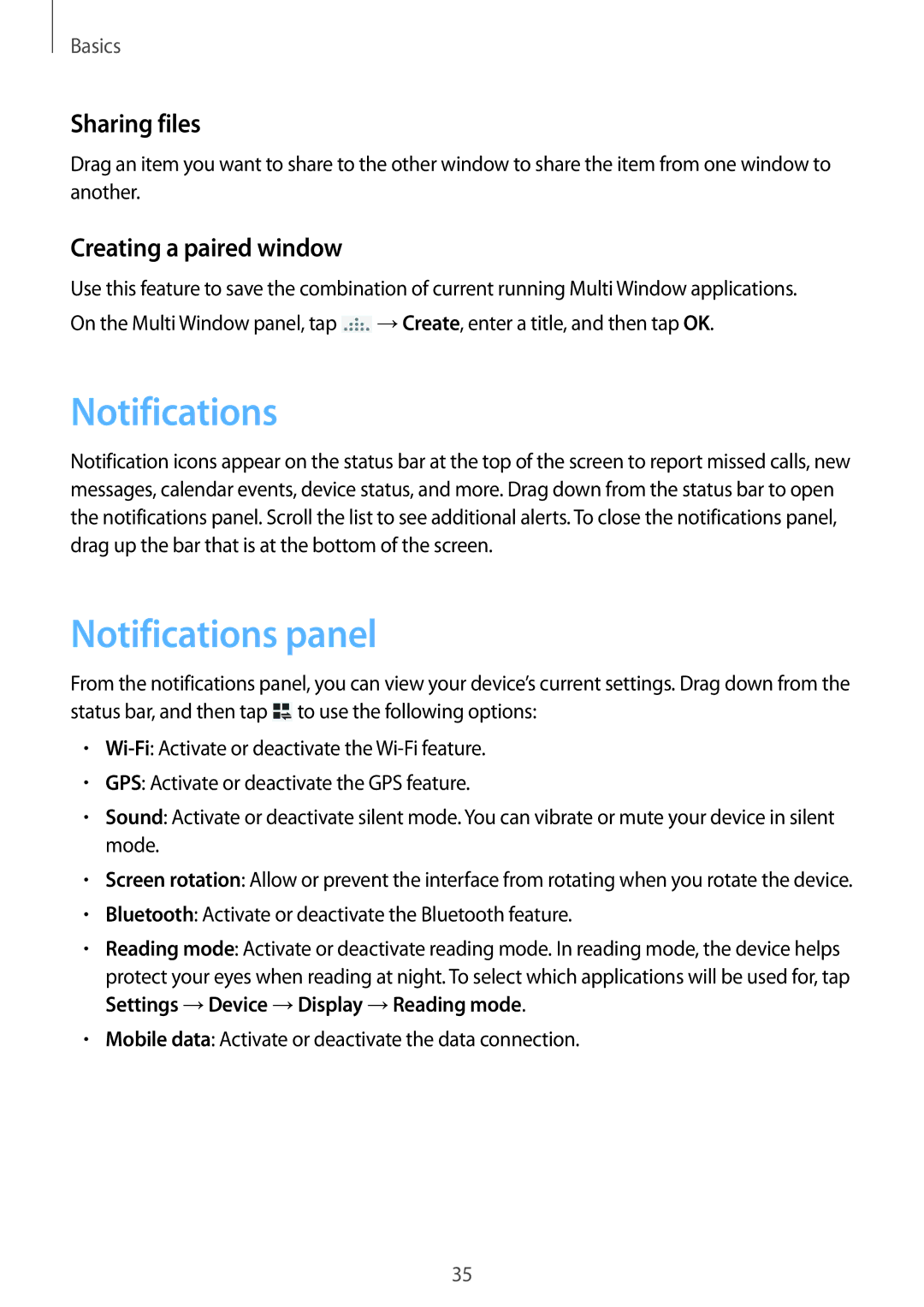 Samsung SM-P6050ZKAROM, SM-P6050ZKAITV, SM-P6050ZKEDBT Notifications panel, Sharing files, Creating a paired window 