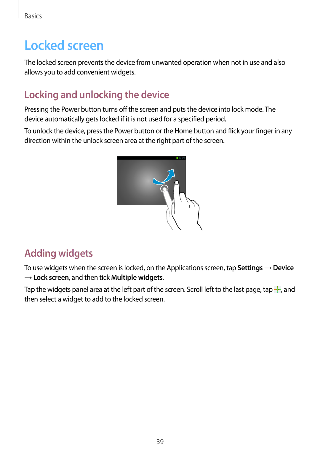 Samsung SM-P6050ZWAVIP, SM-P6050ZKAITV, SM-P6050ZKEDBT manual Locked screen, Locking and unlocking the device, Adding widgets 