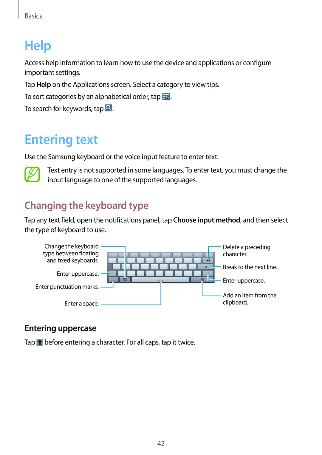 Samsung SM-P6050ZKEXEH, SM-P6050ZKAITV, SM-P6050ZKEDBT Help, Entering text, Changing the keyboard type, Entering uppercase 