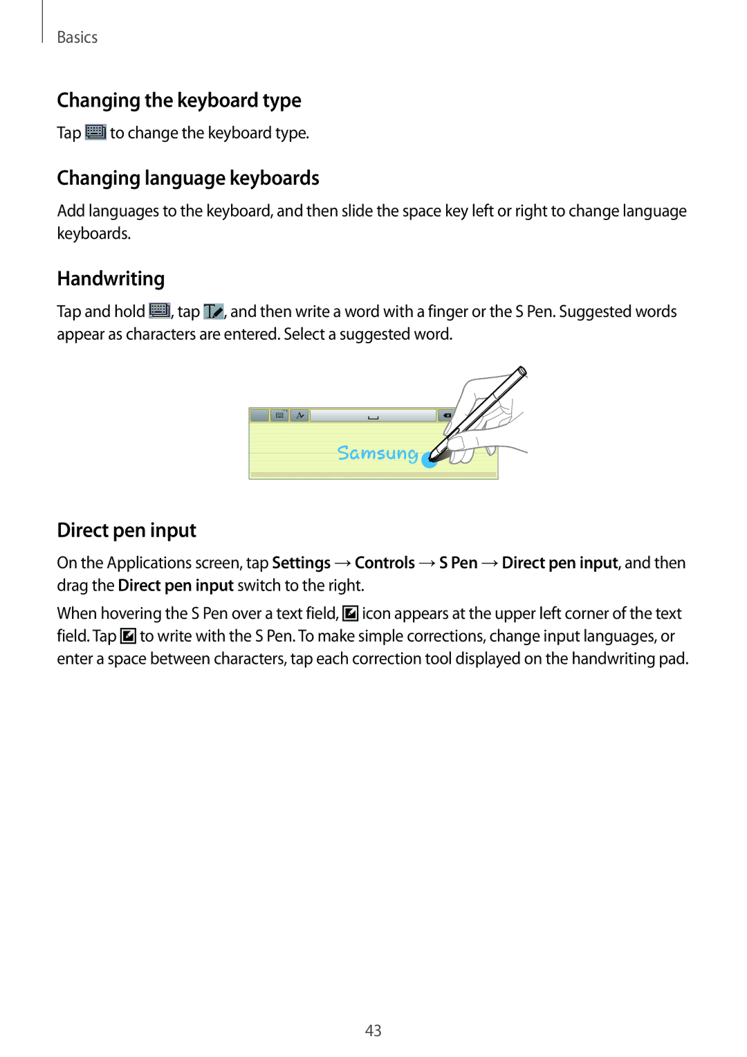 Samsung SM-P6050ZKAXEZ manual Changing the keyboard type, Changing language keyboards, Handwriting, Direct pen input 