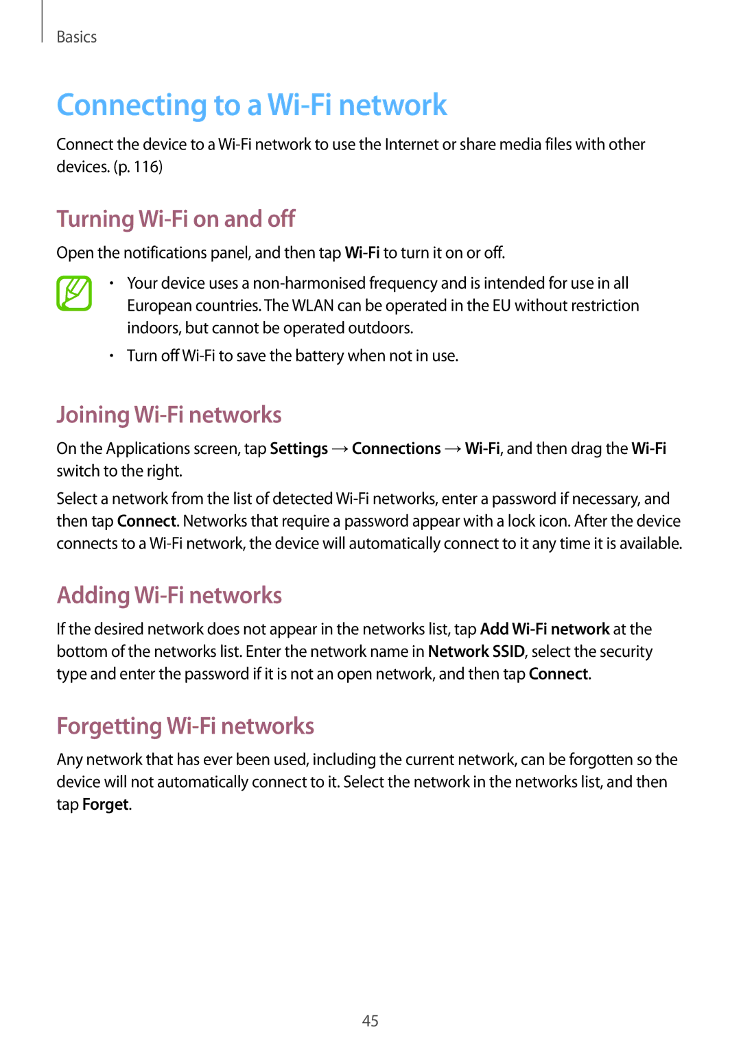 Samsung SM-P6050ZKEXSK, SM-P6050ZKAITV Connecting to a Wi-Fi network, Turning Wi-Fi on and off, Joining Wi-Fi networks 