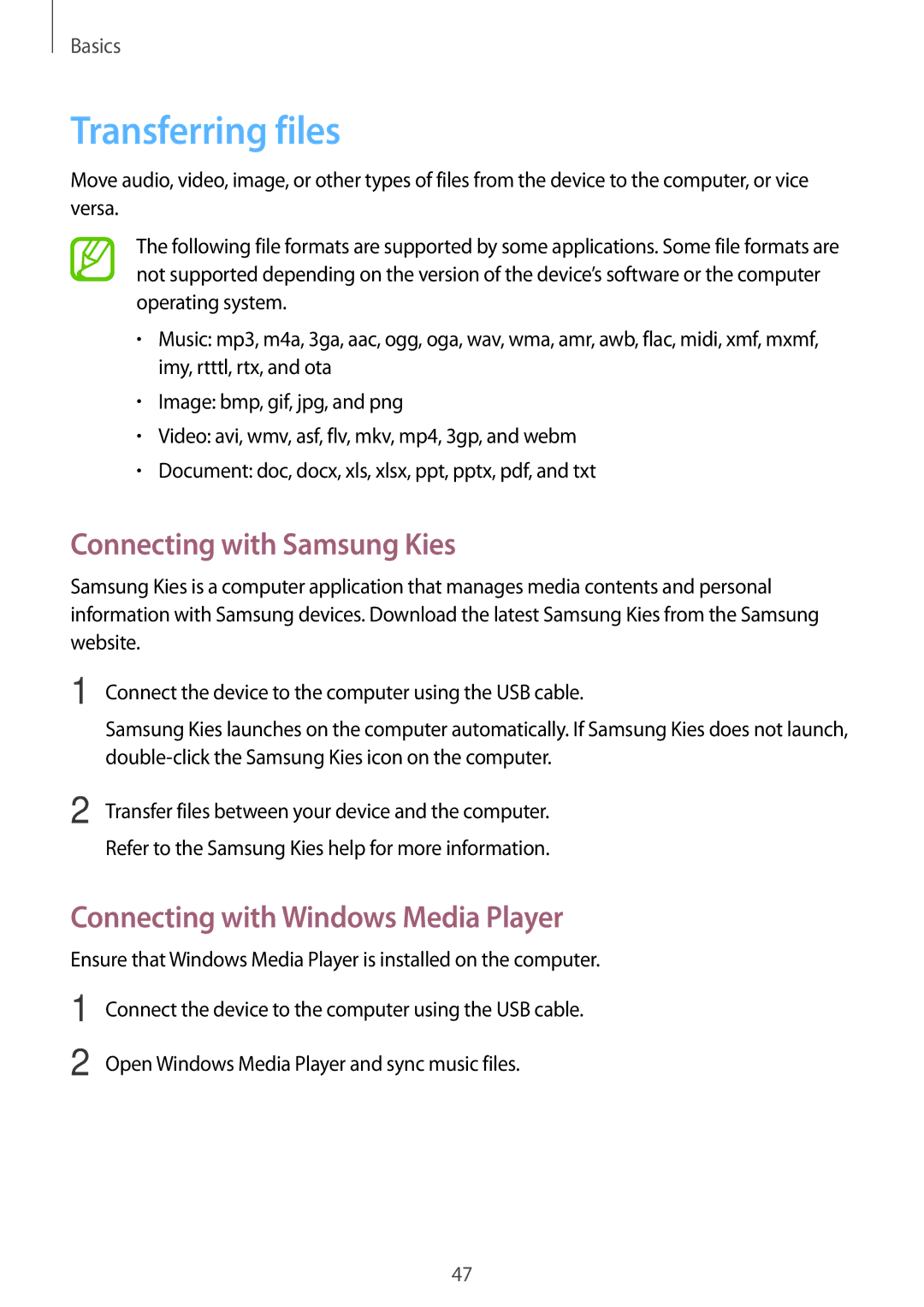 Samsung SM-P6050ZWAXEH manual Transferring files, Connecting with Samsung Kies, Connecting with Windows Media Player 