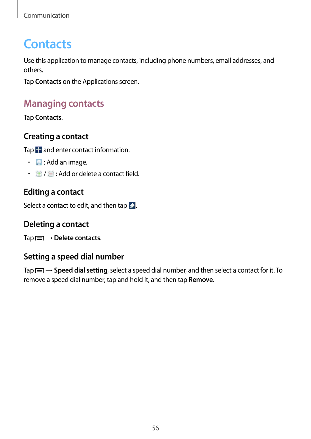 Samsung SM-P6050ZWANEE, SM-P6050ZKAITV, SM-P6050ZKEDBT, SM-P6050ZWEDBT, SM-P6050ZWASEB manual Contacts, Managing contacts 