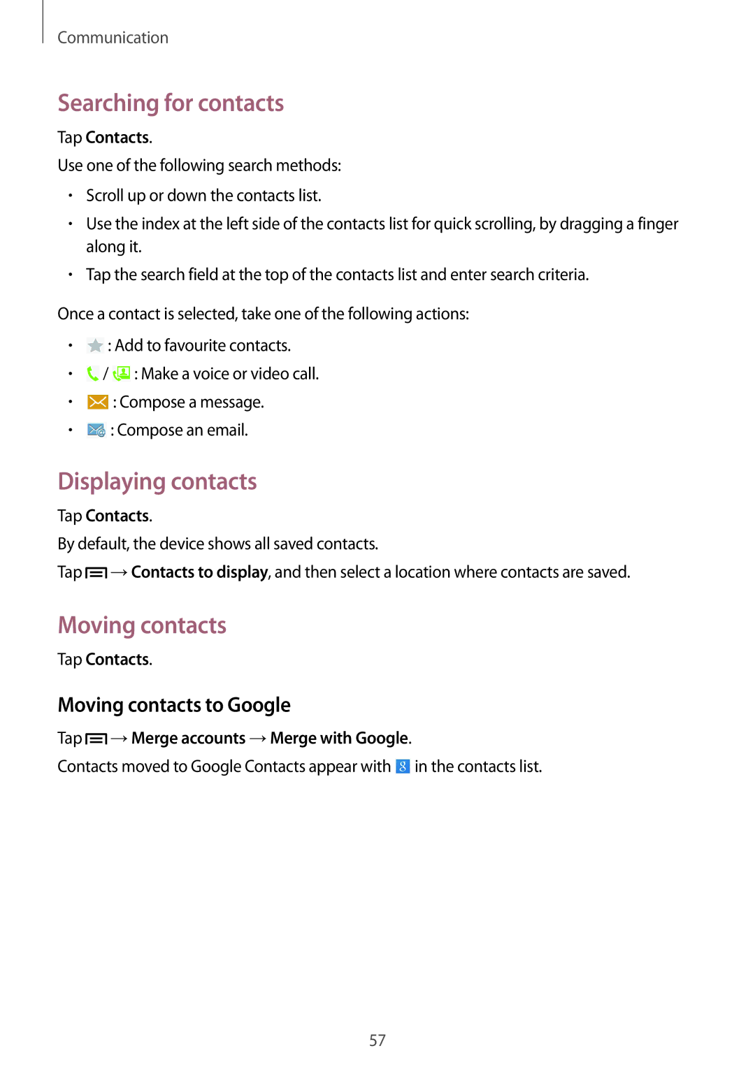 Samsung SM-P6050ZWENEE, SM-P6050ZKAITV manual Searching for contacts, Displaying contacts, Moving contacts to Google 