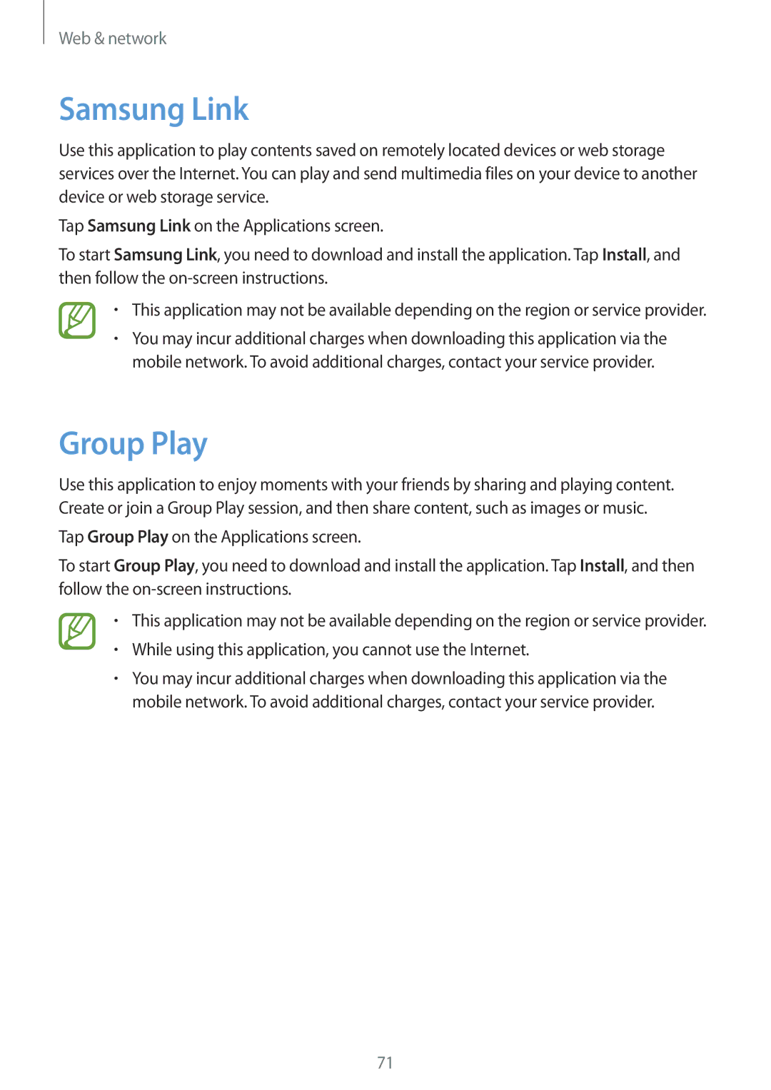 Samsung SM-P6050ZWAEUR, SM-P6050ZKAITV Samsung Link, Group Play, While using this application, you cannot use the Internet 