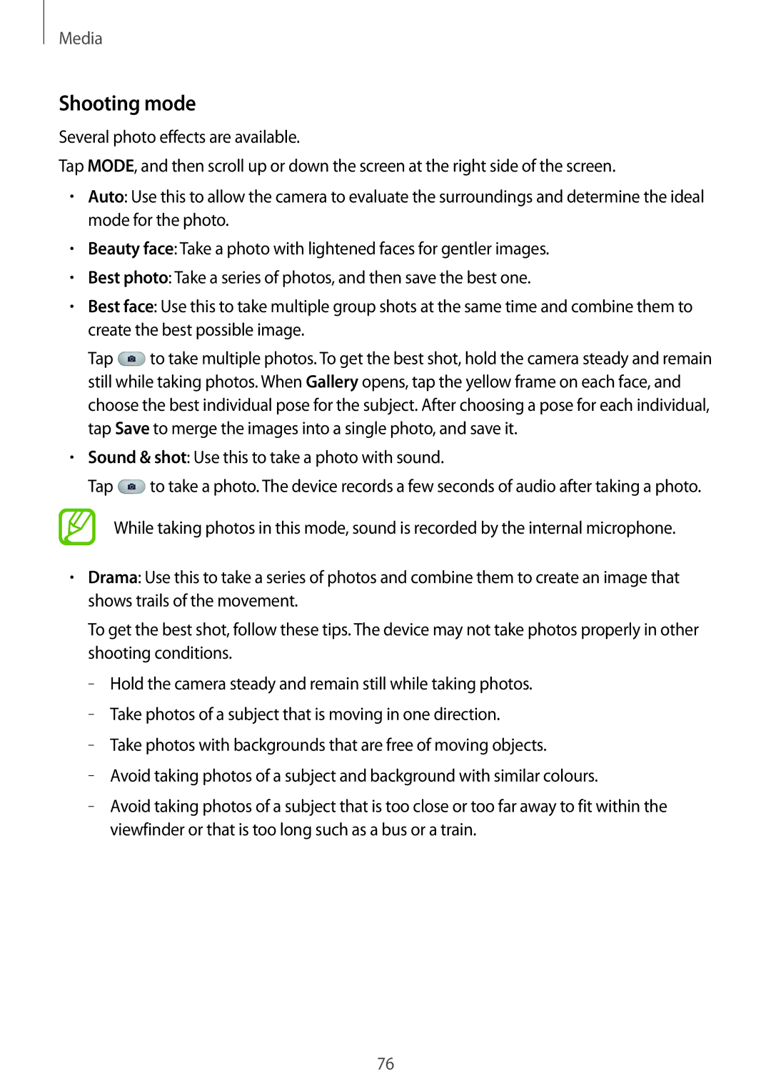 Samsung SM-P6050ZWATPH, SM-P6050ZKAITV, SM-P6050ZKEDBT manual Shooting mode, Sound & shot Use this to take a photo with sound 