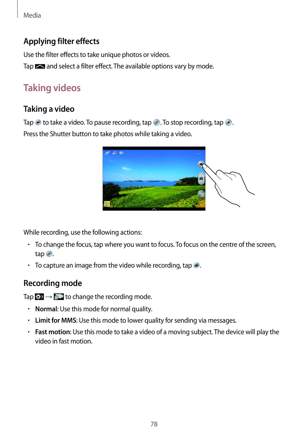 Samsung SM-P6050ZKADBT, SM-P6050ZKAITV manual Taking videos, Applying filter effects, Taking a video, Recording mode 