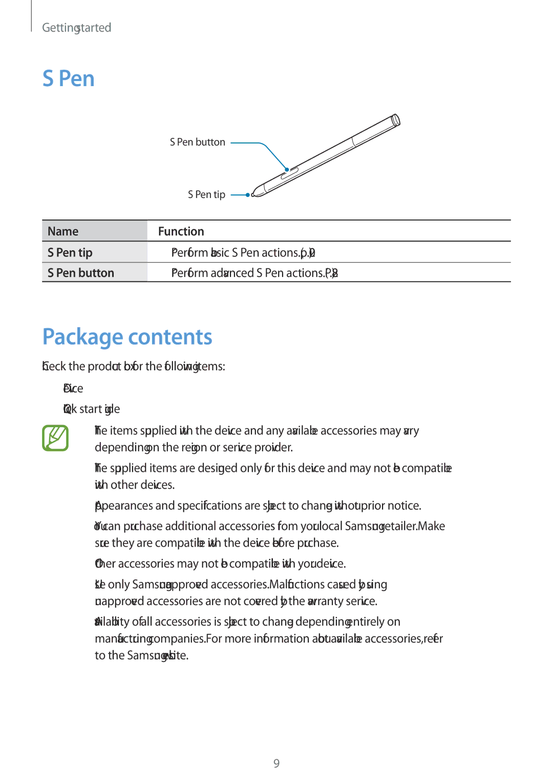 Samsung SM-P6050ZKASEB, SM-P6050ZKAITV, SM-P6050ZKEDBT, SM-P6050ZWEDBT, SM-P6050ZWASEB, SM-P6050ZWADBT Pen, Package contents 