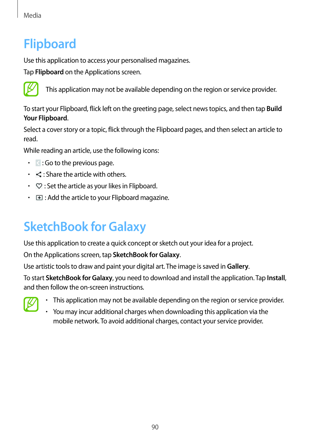 Samsung SM-P6050ZWEPHE, SM-P6050ZKAITV, SM-P6050ZKEDBT, SM-P6050ZWEDBT, SM-P6050ZWASEB manual Flipboard, SketchBook for Galaxy 