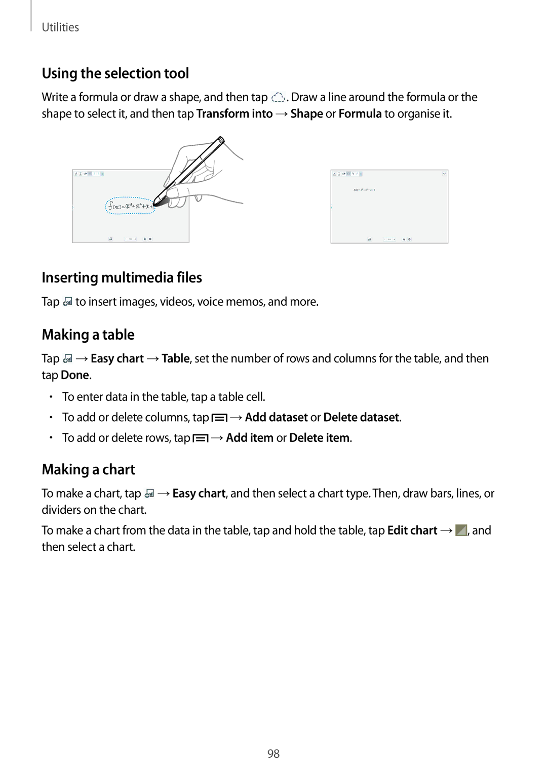 Samsung SM-P6050ZKAROM manual Using the selection tool, Inserting multimedia files, Making a table, Making a chart 