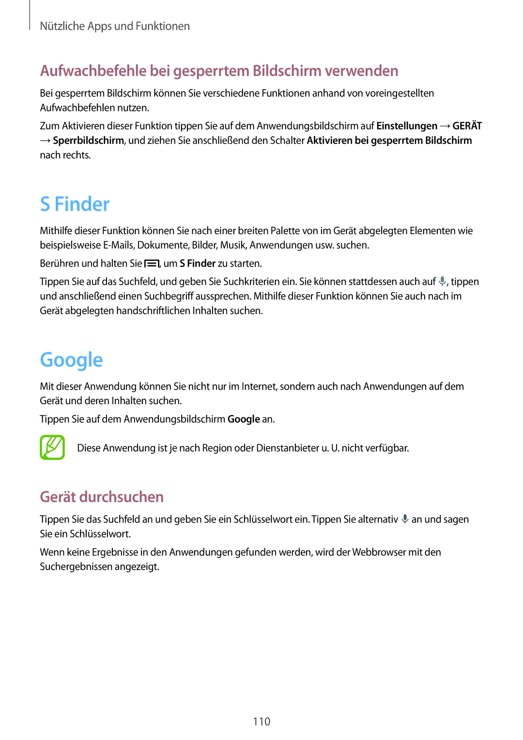Samsung SM-P6050ZWEDBT manual Finder, Google, Aufwachbefehle bei gesperrtem Bildschirm verwenden, Gerät durchsuchen 