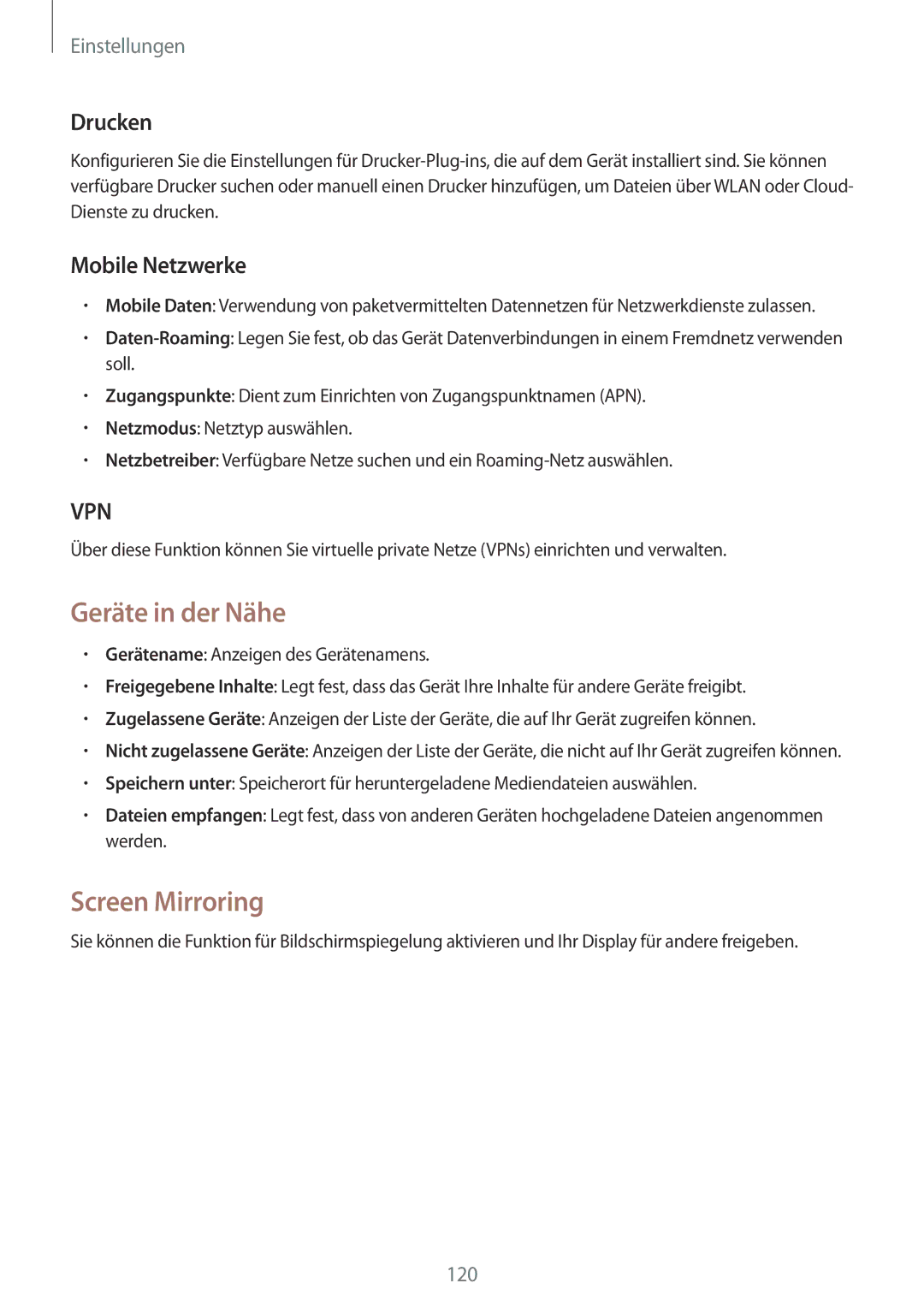 Samsung SM-P6050ZKADTM, SM-P6050ZKAITV, SM-P6050ZKEDBT manual Geräte in der Nähe, Screen Mirroring, Drucken, Mobile Netzwerke 