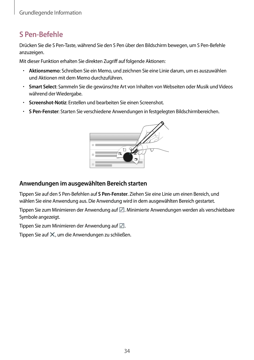 Samsung SM-P6050ZKAATO, SM-P6050ZKAITV, SM-P6050ZKEDBT manual Pen-Befehle, Anwendungen im ausgewählten Bereich starten 