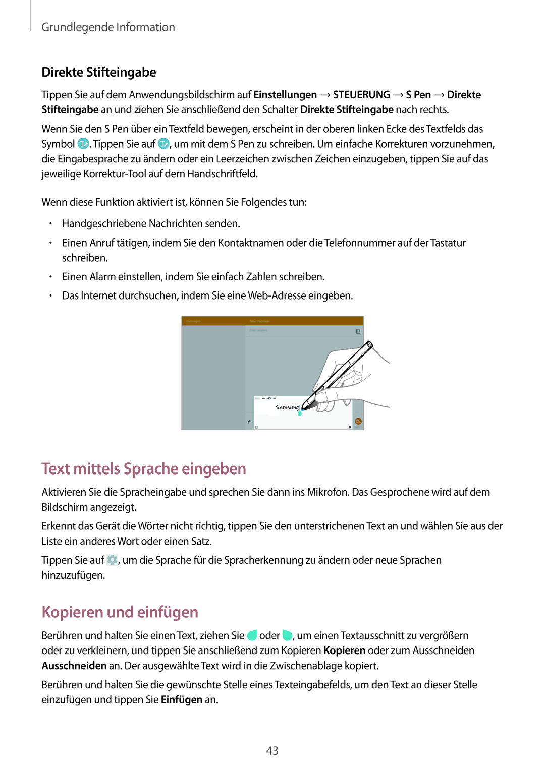 Samsung SM-P6050ZKATMN, SM-P6050ZKAITV manual Text mittels Sprache eingeben, Kopieren und einfügen, Direkte Stifteingabe 