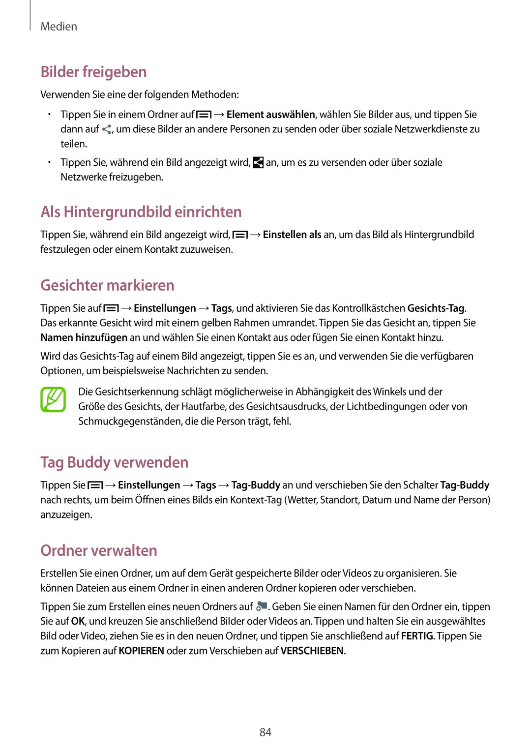 Samsung SM-P6050ZKADTM manual Bilder freigeben, Als Hintergrundbild einrichten, Gesichter markieren, Tag Buddy verwenden 