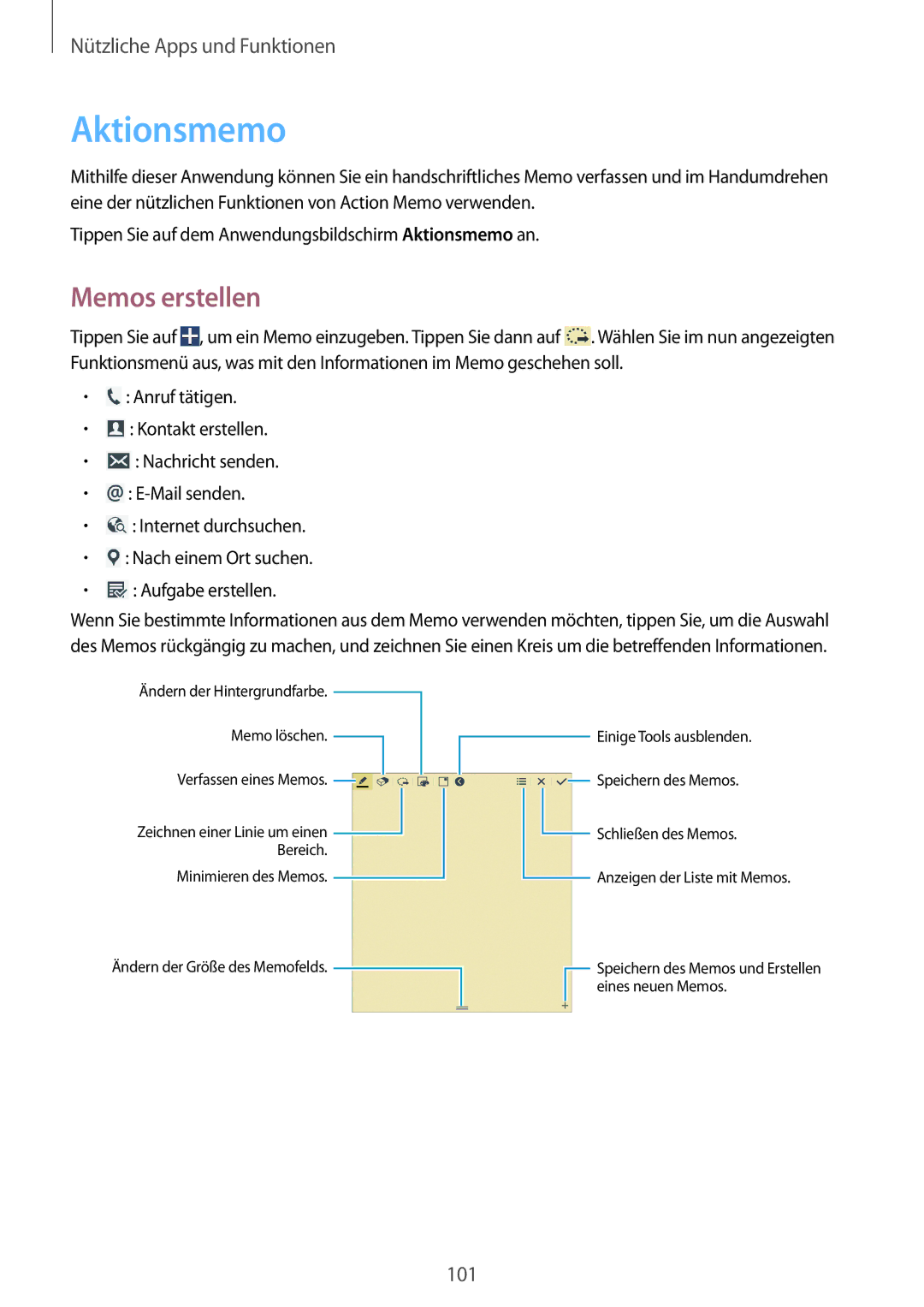 Samsung SM-P6050ZKAVD2, SM-P6050ZKAITV, SM-P6050ZKEDBT, SM-P6050ZWEDBT, SM-P6050ZWASEB manual Aktionsmemo, Memos erstellen 