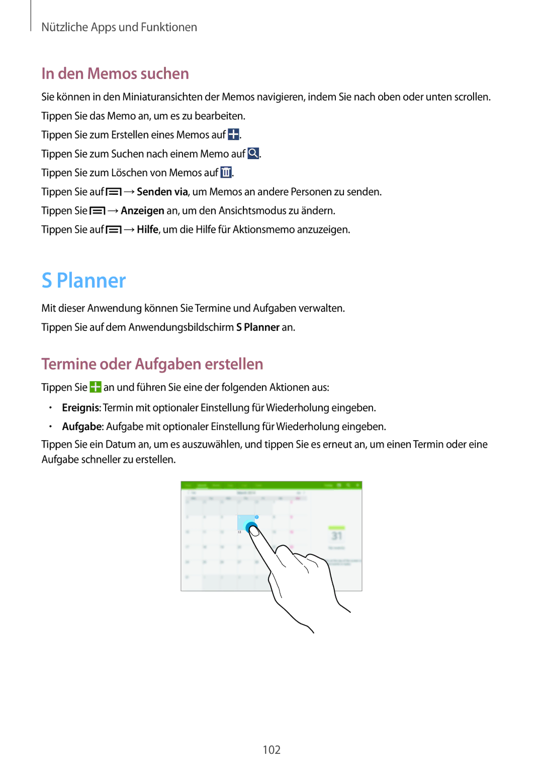 Samsung SM-P6050ZKADTM, SM-P6050ZKAITV, SM-P6050ZKEDBT manual Planner, Den Memos suchen, Termine oder Aufgaben erstellen 