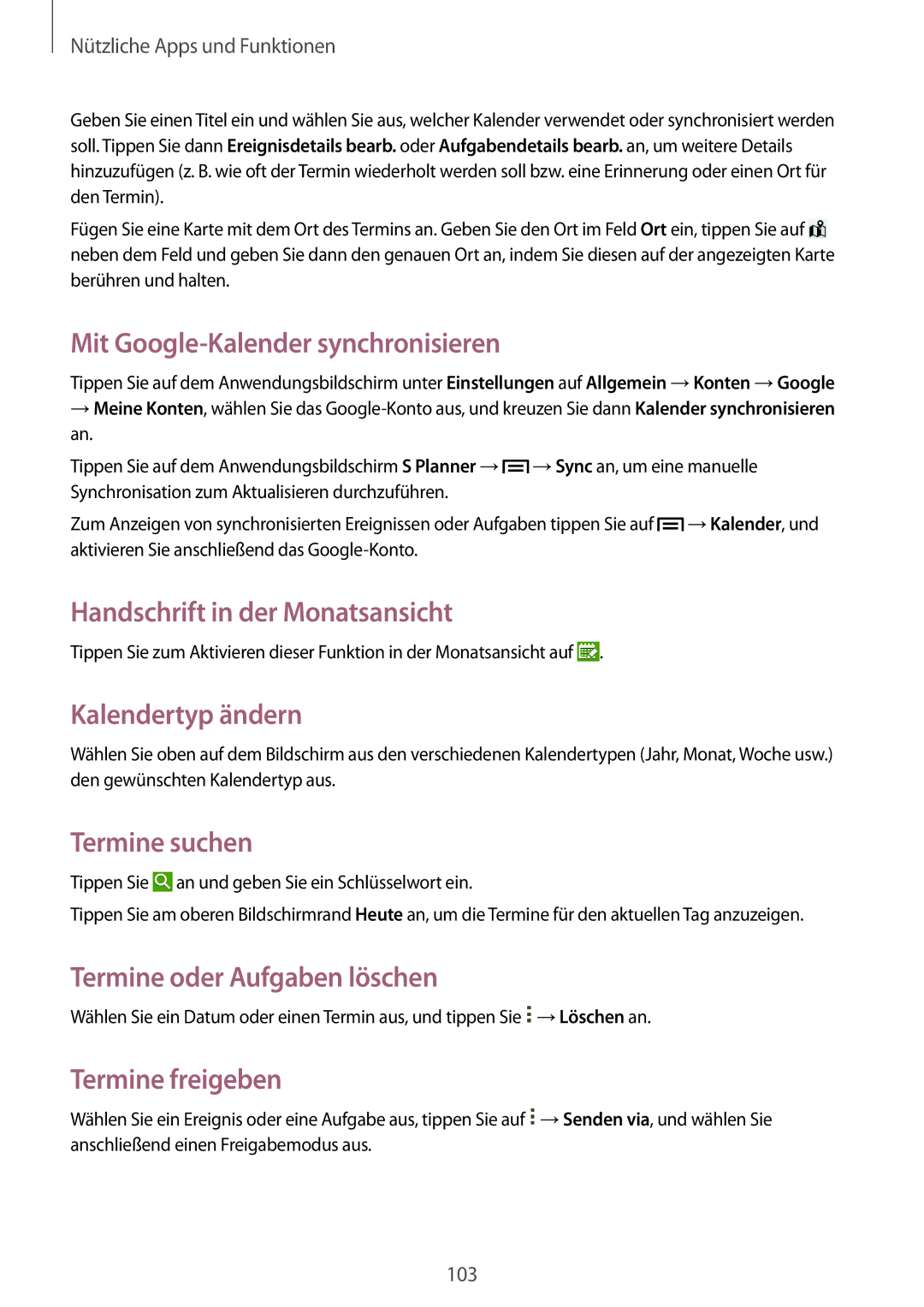 Samsung SM-P6050ZWATPH manual Mit Google-Kalender synchronisieren, Handschrift in der Monatsansicht, Kalendertyp ändern 