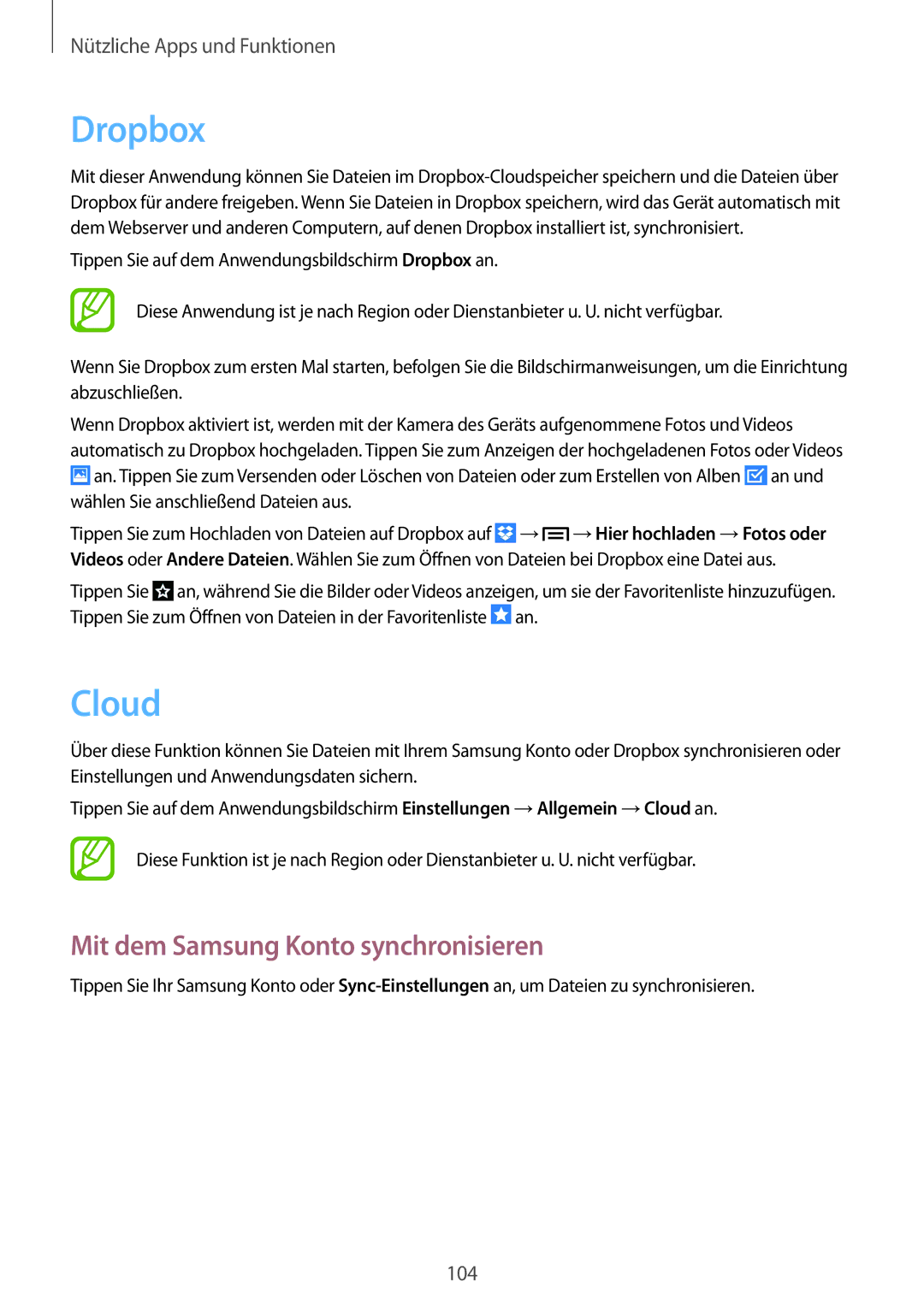 Samsung SM-P6050ZKAEUR, SM-P6050ZKAITV, SM-P6050ZKEDBT, SM-P6050ZWEDBT Dropbox, Cloud, Mit dem Samsung Konto synchronisieren 
