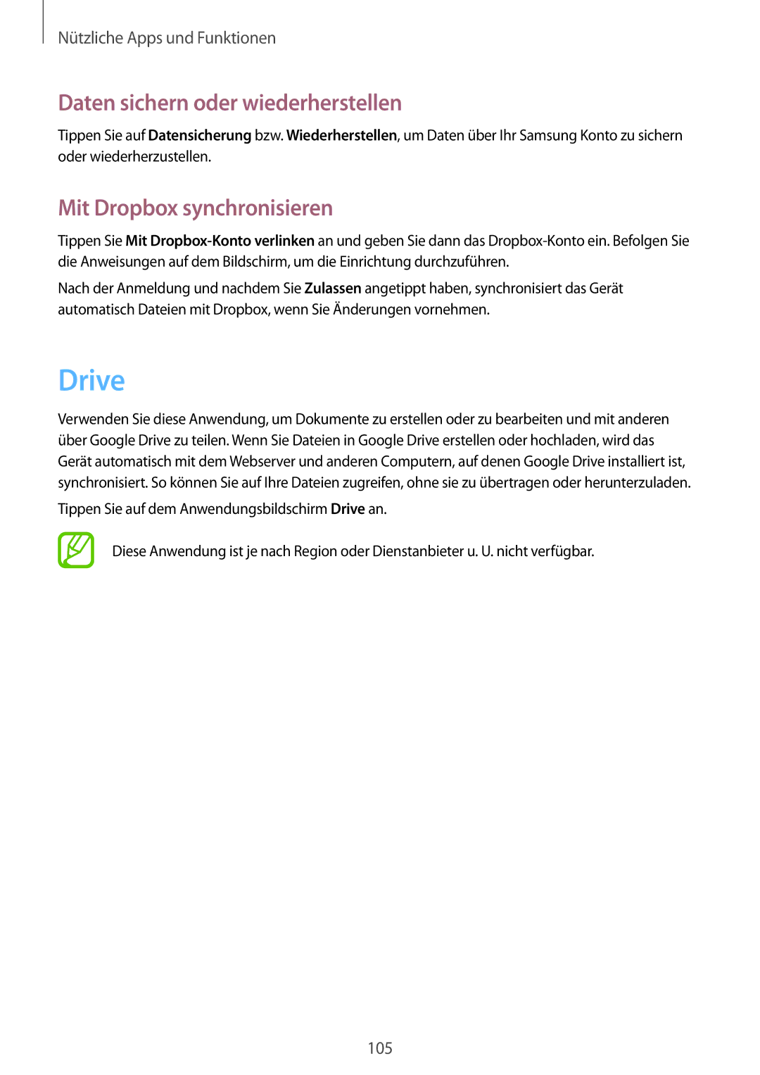 Samsung SM-P6050ZKADBT, SM-P6050ZKAITV manual Drive, Daten sichern oder wiederherstellen, Mit Dropbox synchronisieren 