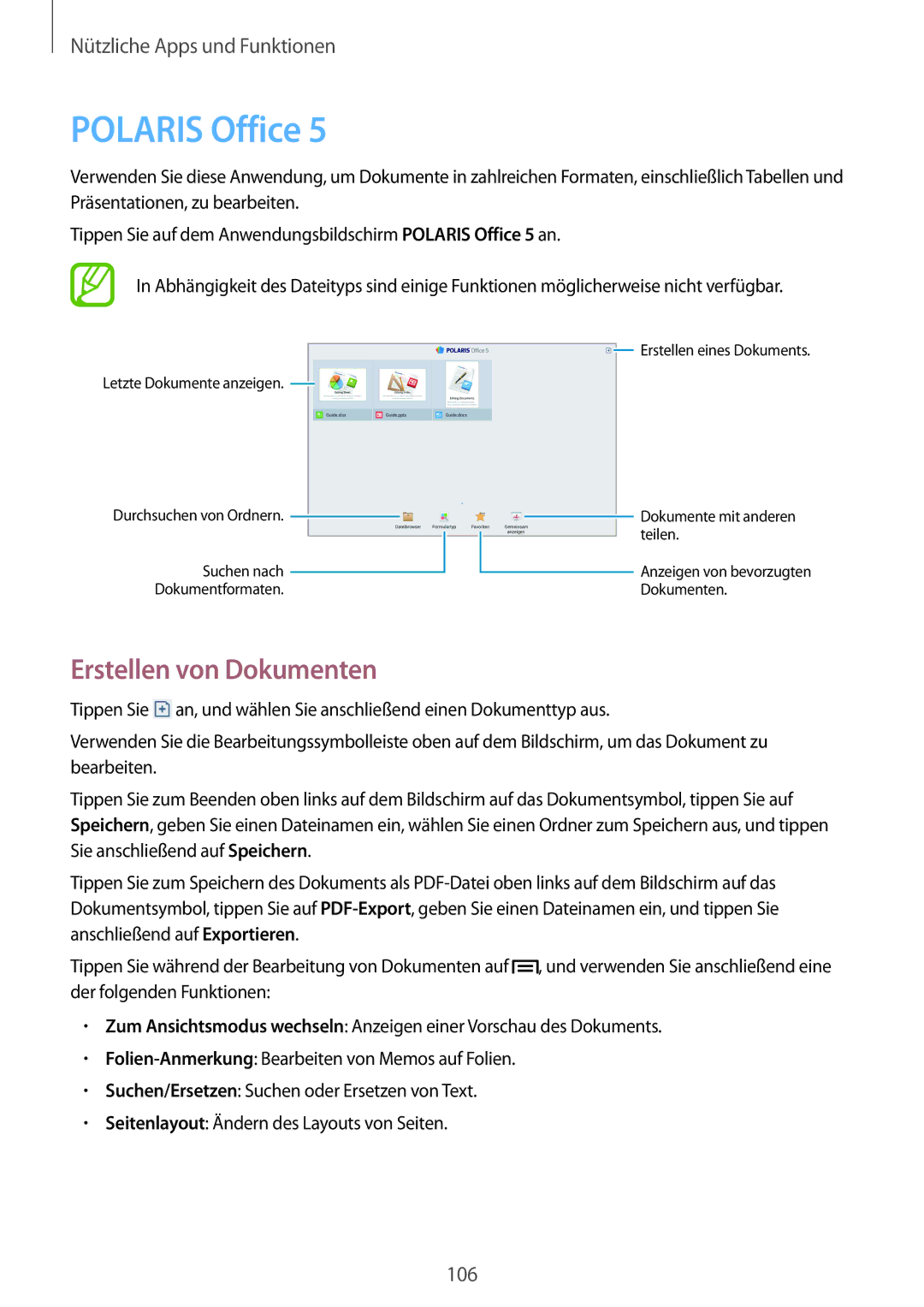 Samsung SM-P6050ZKAATO, SM-P6050ZKAITV, SM-P6050ZKEDBT, SM-P6050ZWEDBT manual Polaris Office, Erstellen von Dokumenten 