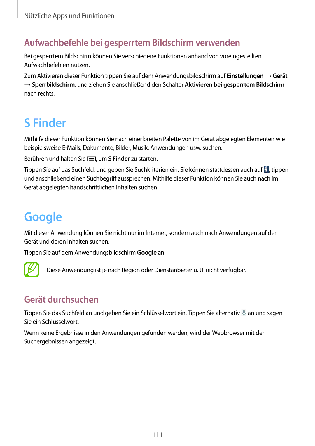 Samsung SM-P6050ZWASEB manual Finder, Google, Aufwachbefehle bei gesperrtem Bildschirm verwenden, Gerät durchsuchen 