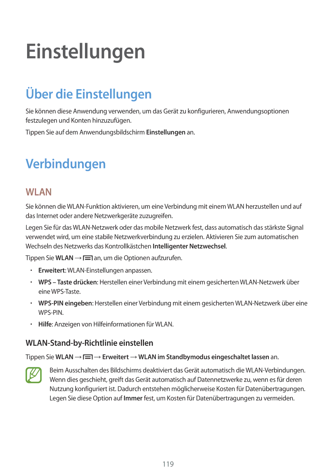 Samsung SM-P6050ZKAVD2, SM-P6050ZKAITV manual Über die Einstellungen, Verbindungen, WLAN-Stand-by-Richtlinie einstellen 