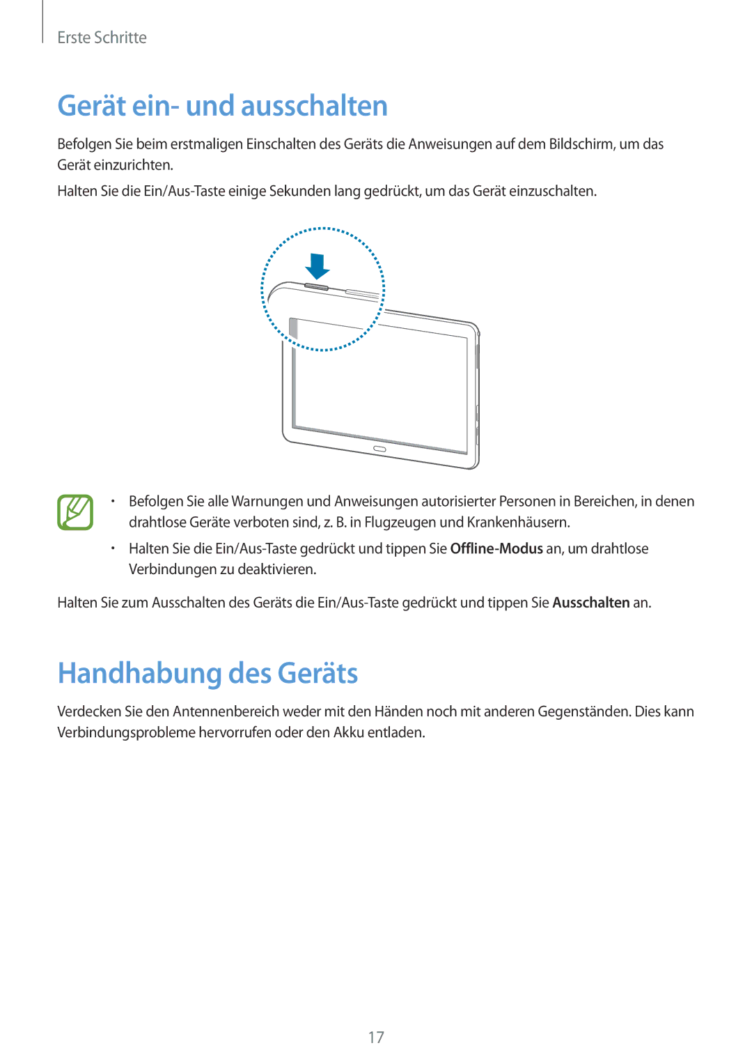 Samsung SM-P6050ZKAXEF, SM-P6050ZKAITV, SM-P6050ZKEDBT, SM-P6050ZWEDBT Gerät ein- und ausschalten, Handhabung des Geräts 