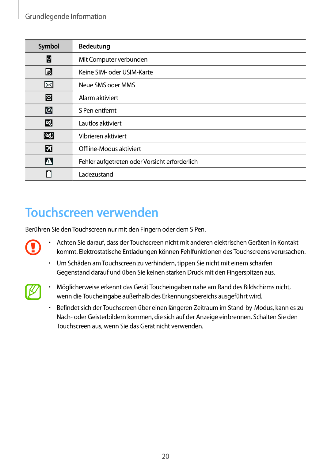 Samsung SM-P6050ZWEDBT, SM-P6050ZKAITV, SM-P6050ZKEDBT, SM-P6050ZWASEB manual Touchscreen verwenden, Grundlegende Information 