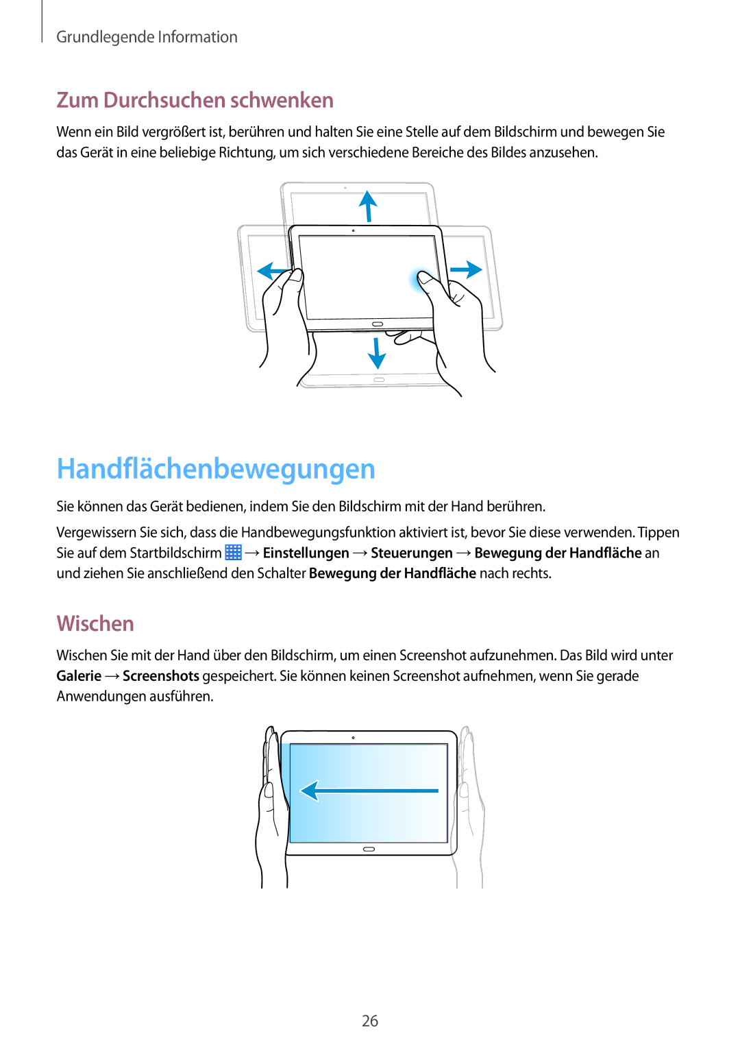 Samsung SM-P6050ZWAEUR, SM-P6050ZKAITV, SM-P6050ZKEDBT manual Handflächenbewegungen, Zum Durchsuchen schwenken, Wischen 