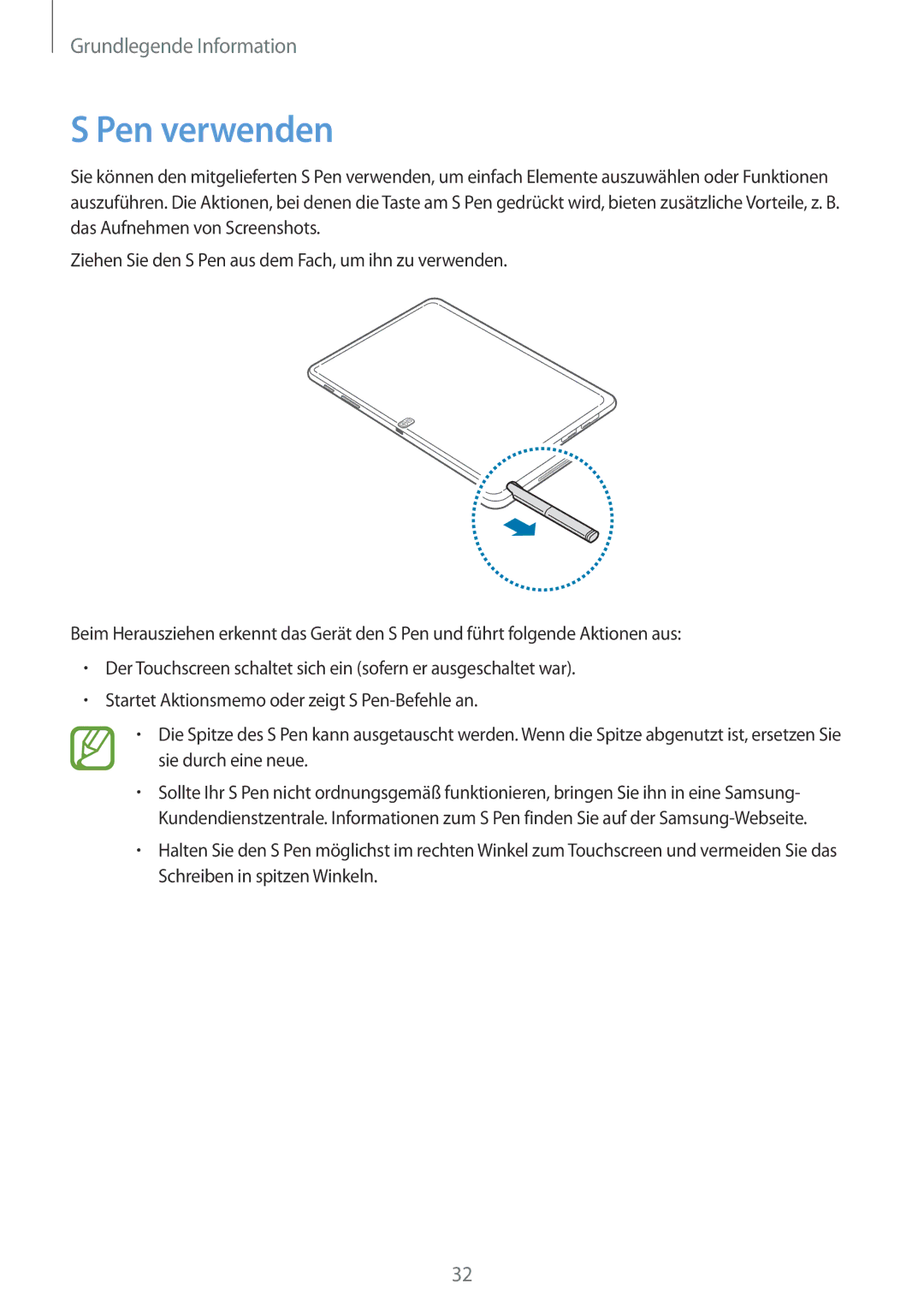 Samsung SM-P6050ZKAEUR, SM-P6050ZKAITV, SM-P6050ZKEDBT, SM-P6050ZWEDBT, SM-P6050ZWASEB, SM-P6050ZWADBT manual Pen verwenden 