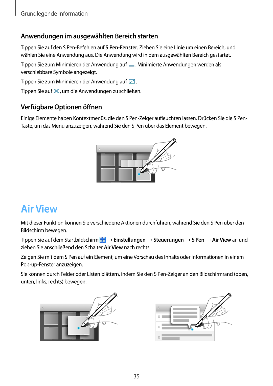 Samsung SM-P6050ZKAXEF, SM-P6050ZKAITV Air View, Anwendungen im ausgewählten Bereich starten, Verfügbare Optionen öffnen 