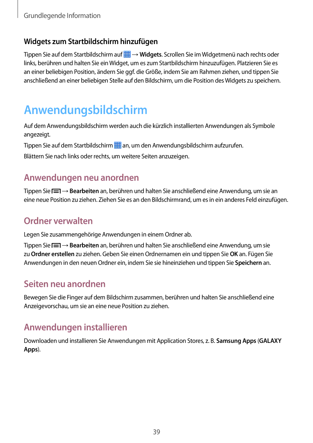 Samsung SM-P6050ZWASEB manual Anwendungsbildschirm, Anwendungen neu anordnen, Ordner verwalten, Anwendungen installieren 