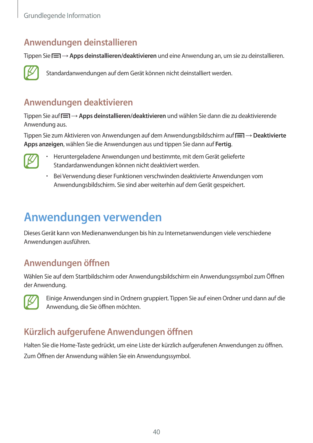 Samsung SM-P6050ZWADBT Anwendungen verwenden, Anwendungen deinstallieren, Anwendungen deaktivieren, Anwendungen öffnen 