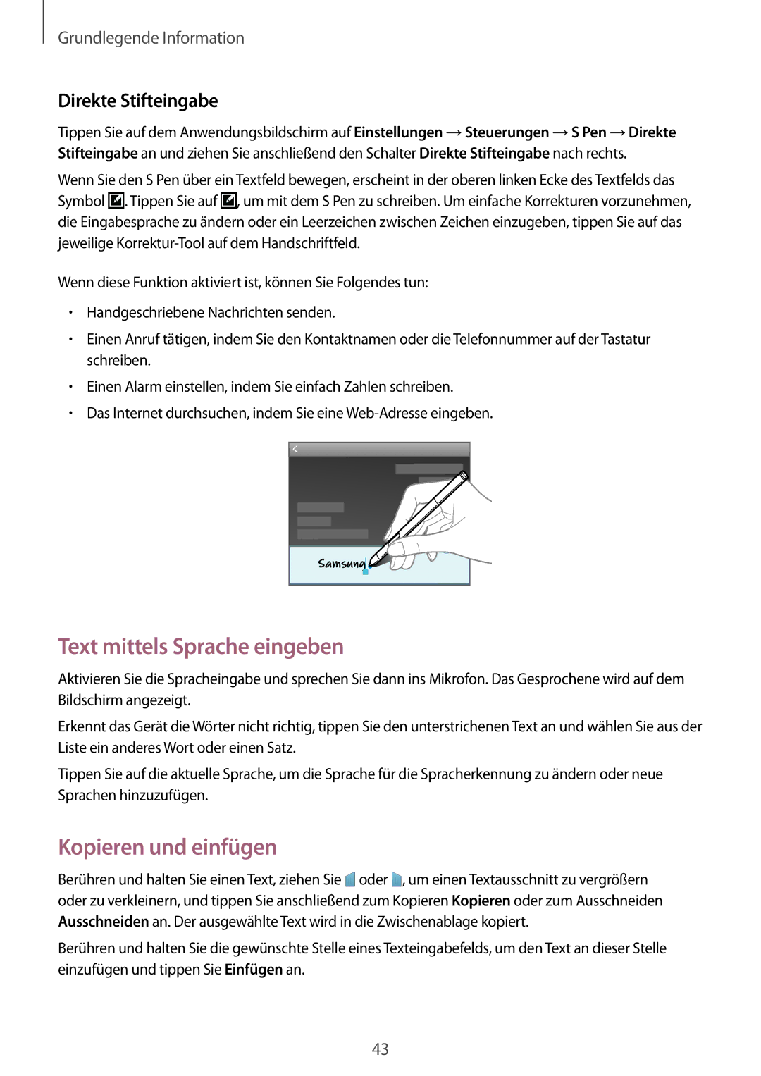 Samsung SM-P6050ZKATMN, SM-P6050ZKAITV manual Text mittels Sprache eingeben, Kopieren und einfügen, Direkte Stifteingabe 