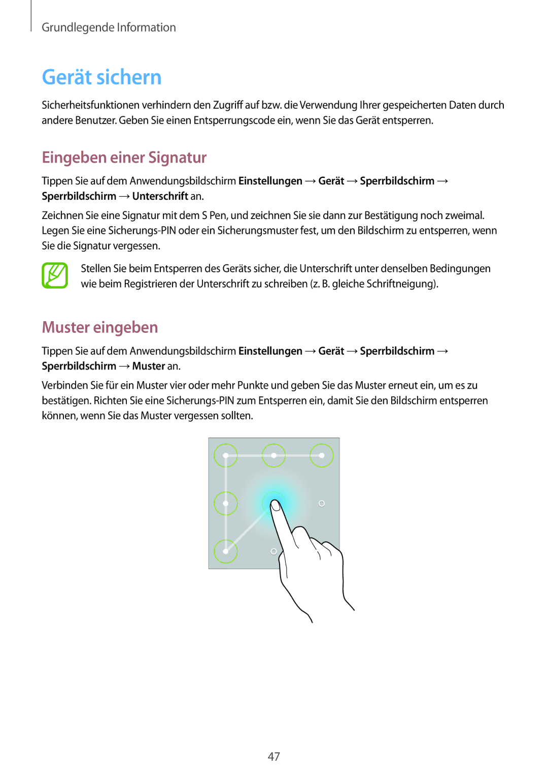 Samsung SM-P6050ZKAVD2, SM-P6050ZKAITV, SM-P6050ZKEDBT manual Gerät sichern, Eingeben einer Signatur, Muster eingeben 