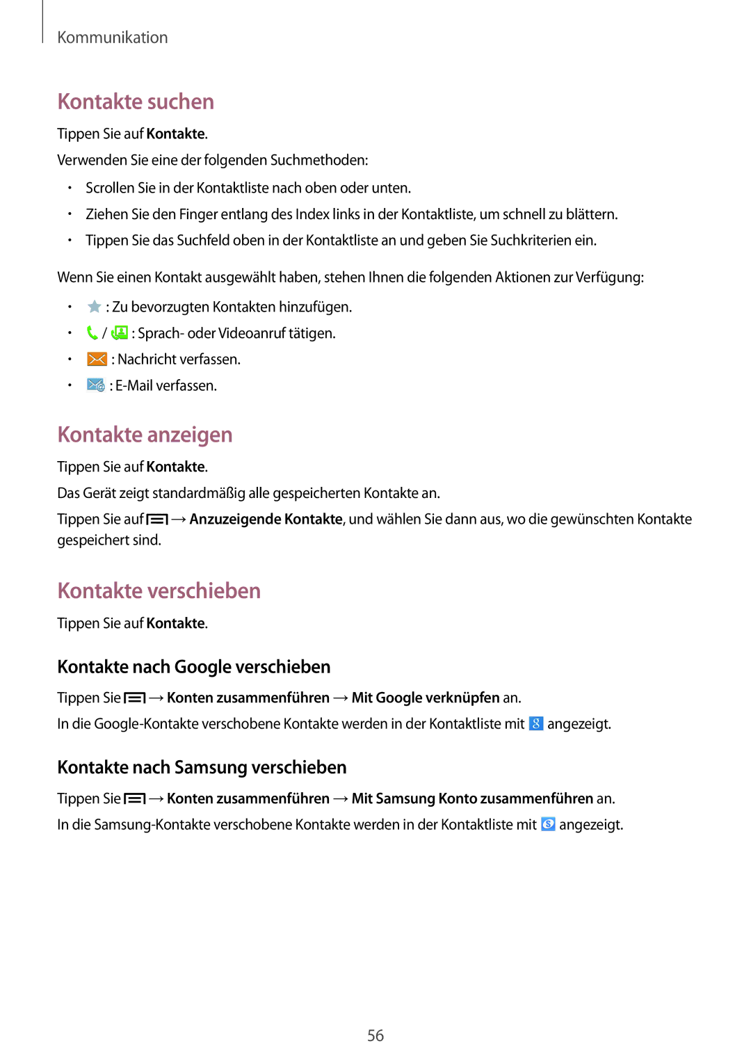 Samsung SM-P6050ZWEDBT manual Kontakte suchen, Kontakte anzeigen, Kontakte verschieben, Kontakte nach Google verschieben 