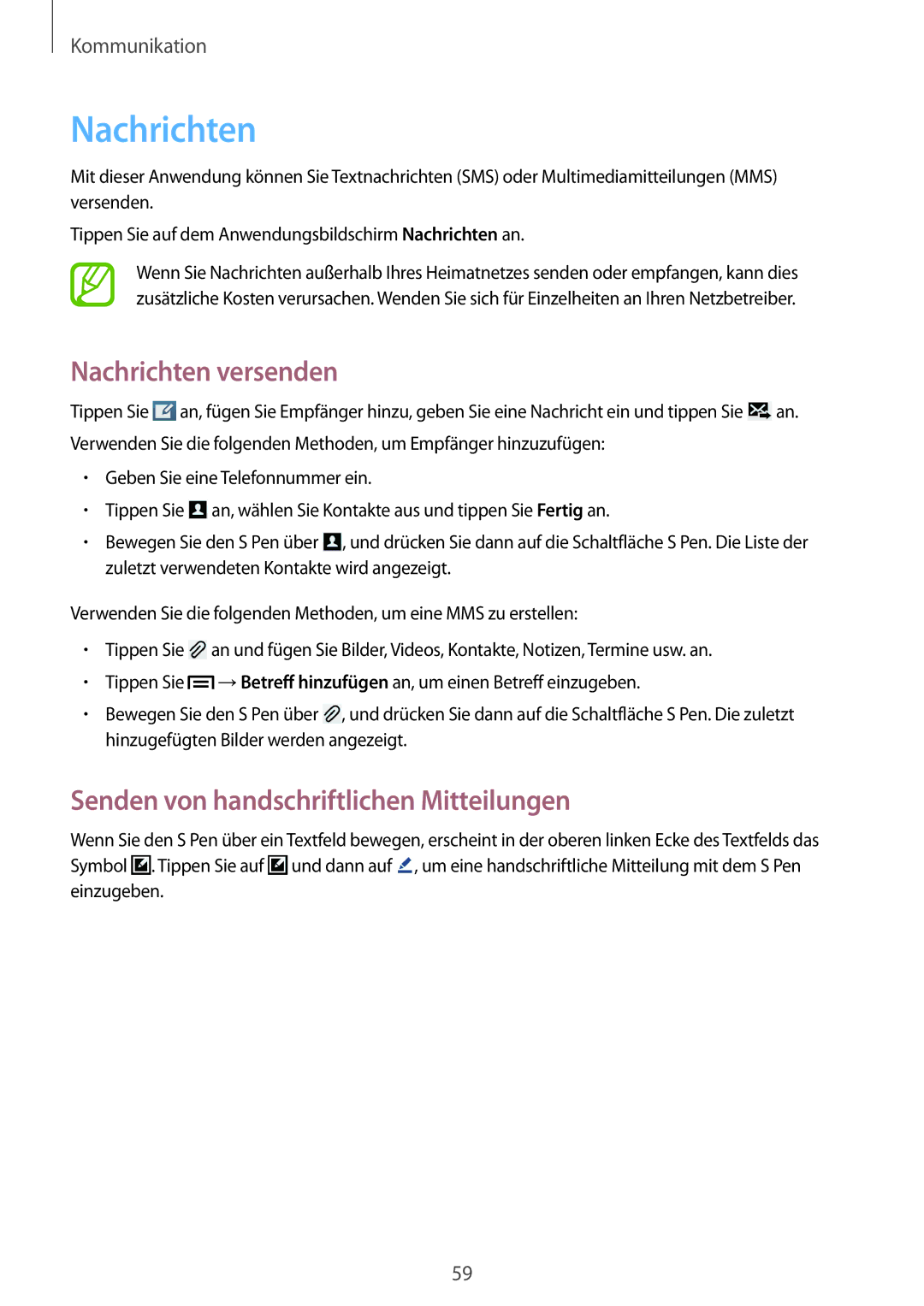 Samsung SM-P6050ZKADRE, SM-P6050ZKAITV, SM-P6050ZKEDBT Nachrichten versenden, Senden von handschriftlichen Mitteilungen 