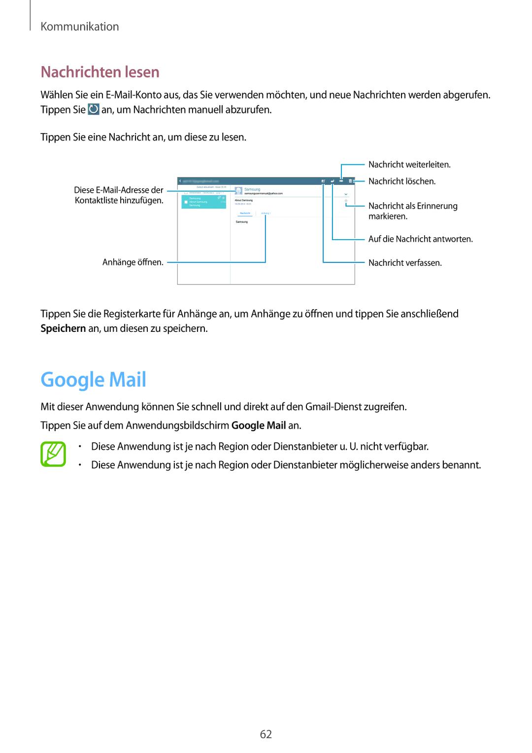 Samsung SM-P6050ZWAEUR, SM-P6050ZKAITV, SM-P6050ZKEDBT, SM-P6050ZWEDBT, SM-P6050ZWASEB manual Google Mail, Nachrichten lesen 