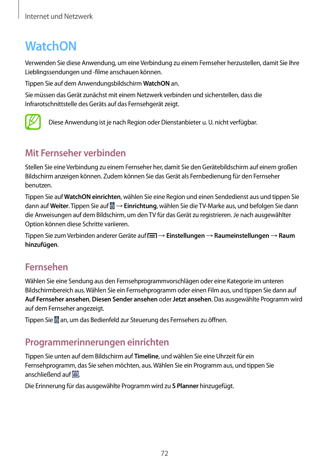 Samsung SM-P6050ZKAITV, SM-P6050ZKEDBT manual WatchON, Mit Fernseher verbinden, Fernsehen, Programmerinnerungen einrichten 