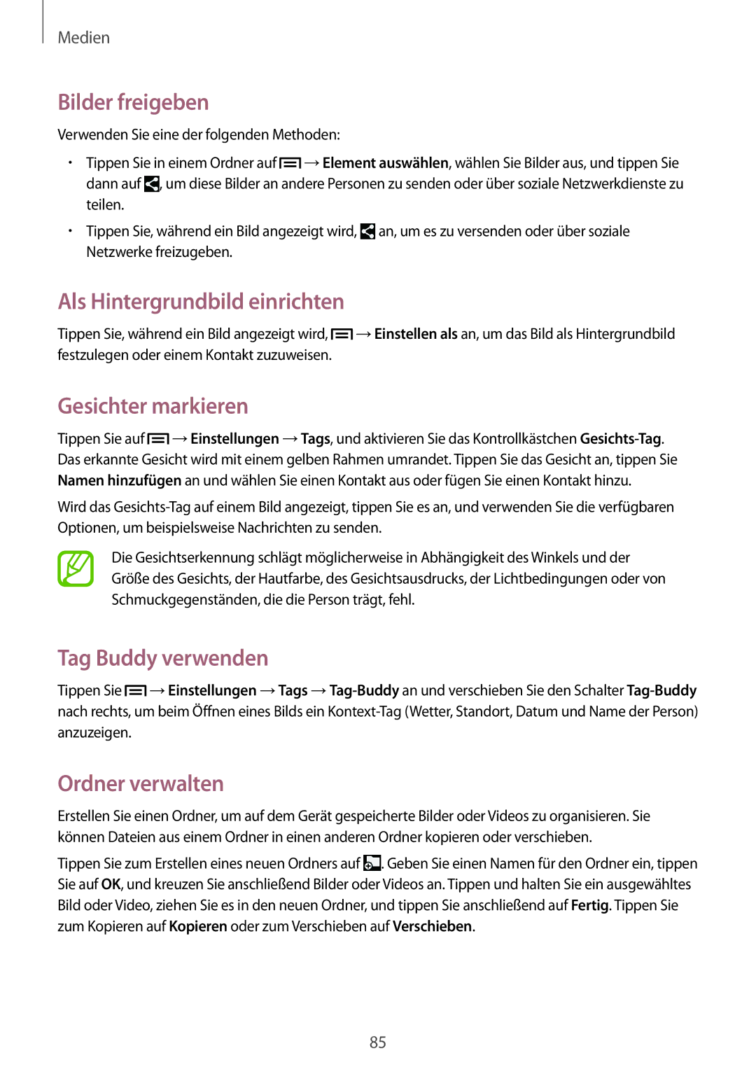 Samsung SM-P6050ZWATPH manual Bilder freigeben, Als Hintergrundbild einrichten, Gesichter markieren, Tag Buddy verwenden 