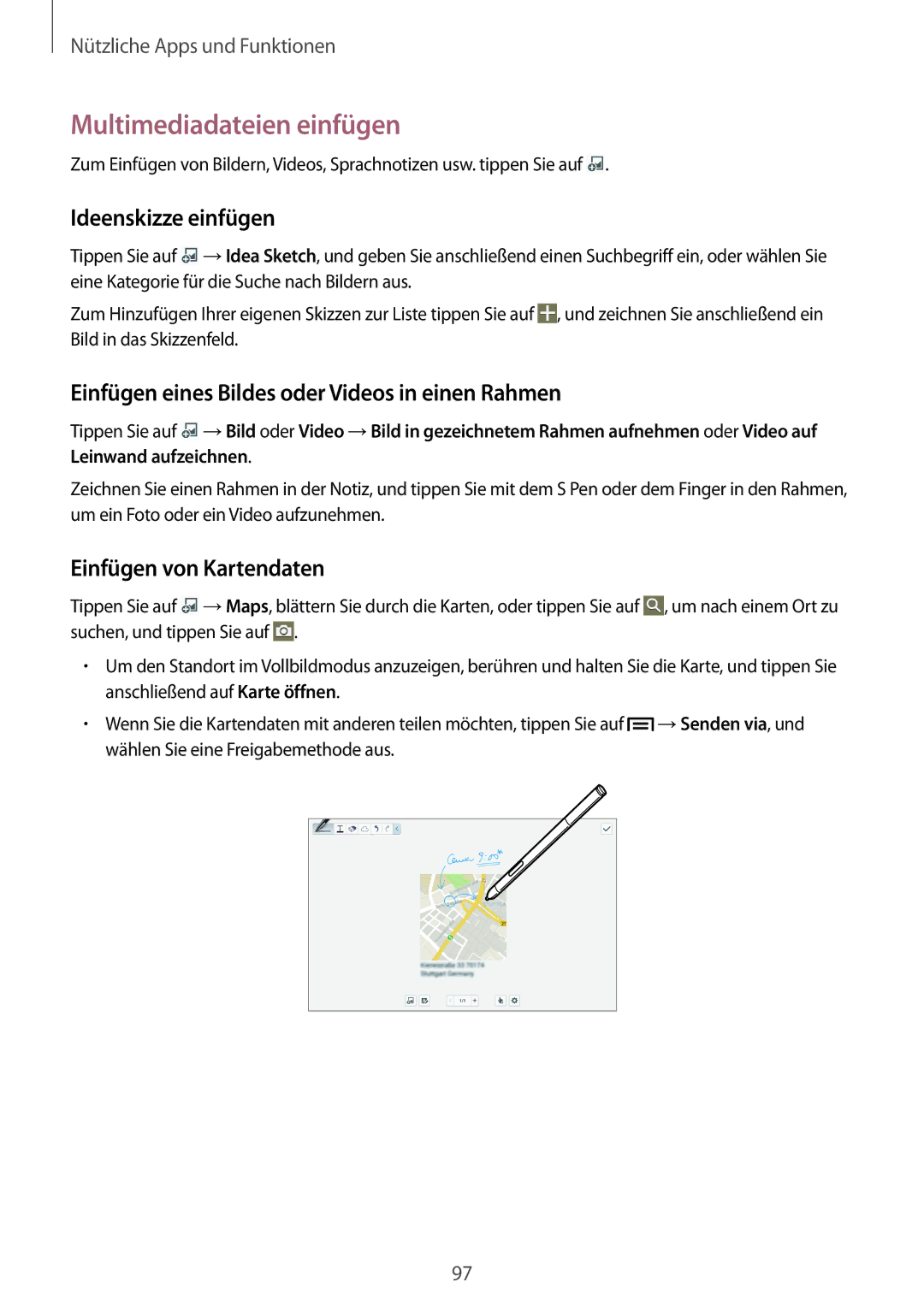 Samsung SM-P6050ZKATMN Multimediadateien einfügen, Ideenskizze einfügen, Einfügen eines Bildes oder Videos in einen Rahmen 