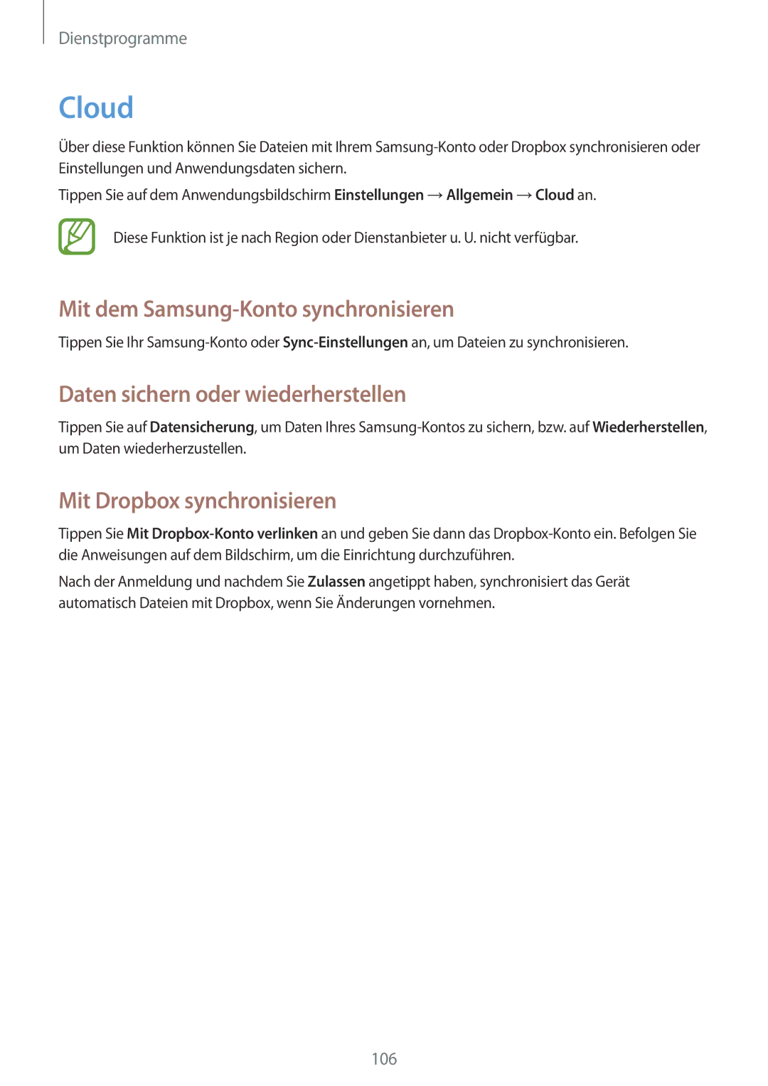 Samsung SM-P6050ZKAATO, SM-P6050ZKAITV Cloud, Mit dem Samsung-Konto synchronisieren, Daten sichern oder wiederherstellen 